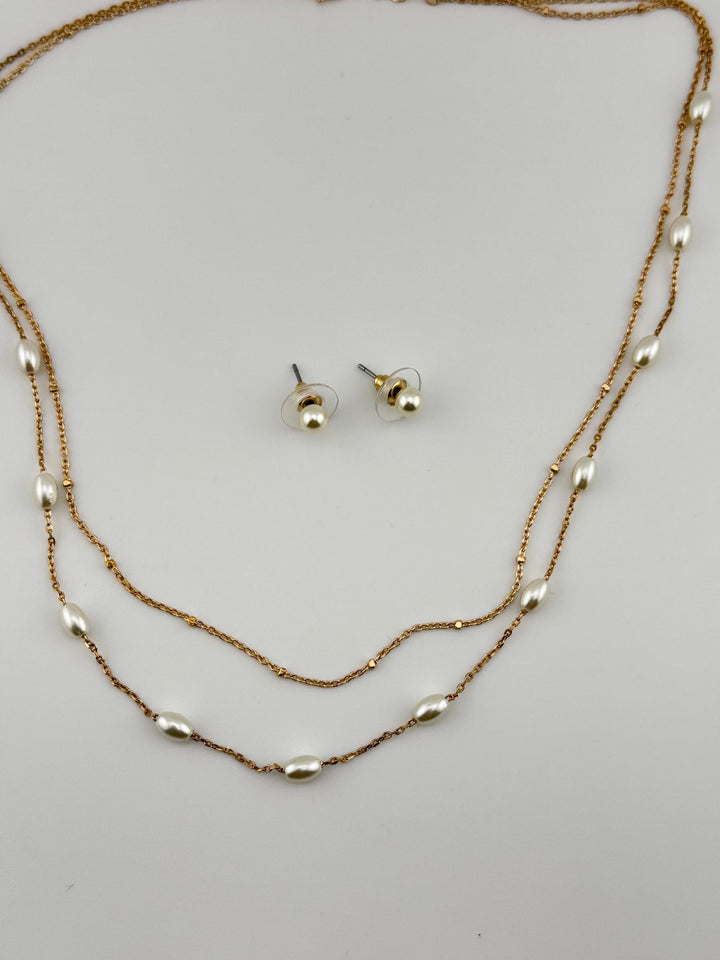 Gold and Pearl Necklace and Earrings Set, Layered Pearl Necklace and Stud Earrings Set, Minimalist
