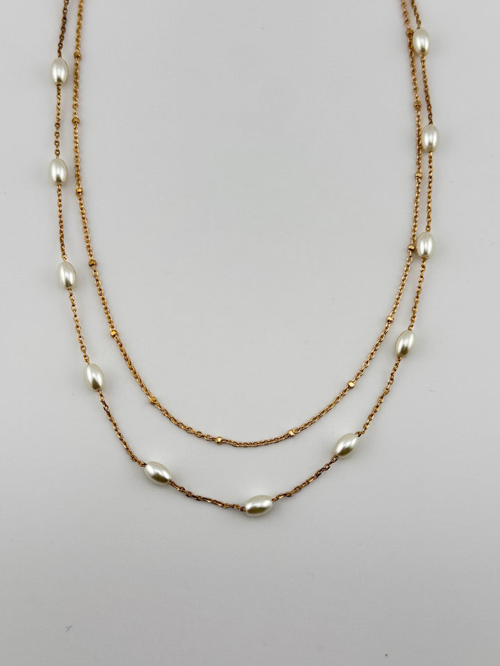 Gold and Pearl Necklace and Earrings Set, Layered Pearl Necklace and Stud Earrings Set, Minimalist