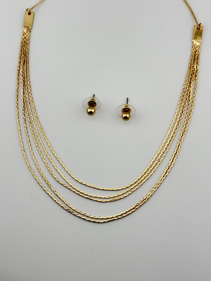 Gold Multi-Layer Necklace Earring Set with Layered Chains and Round Studs