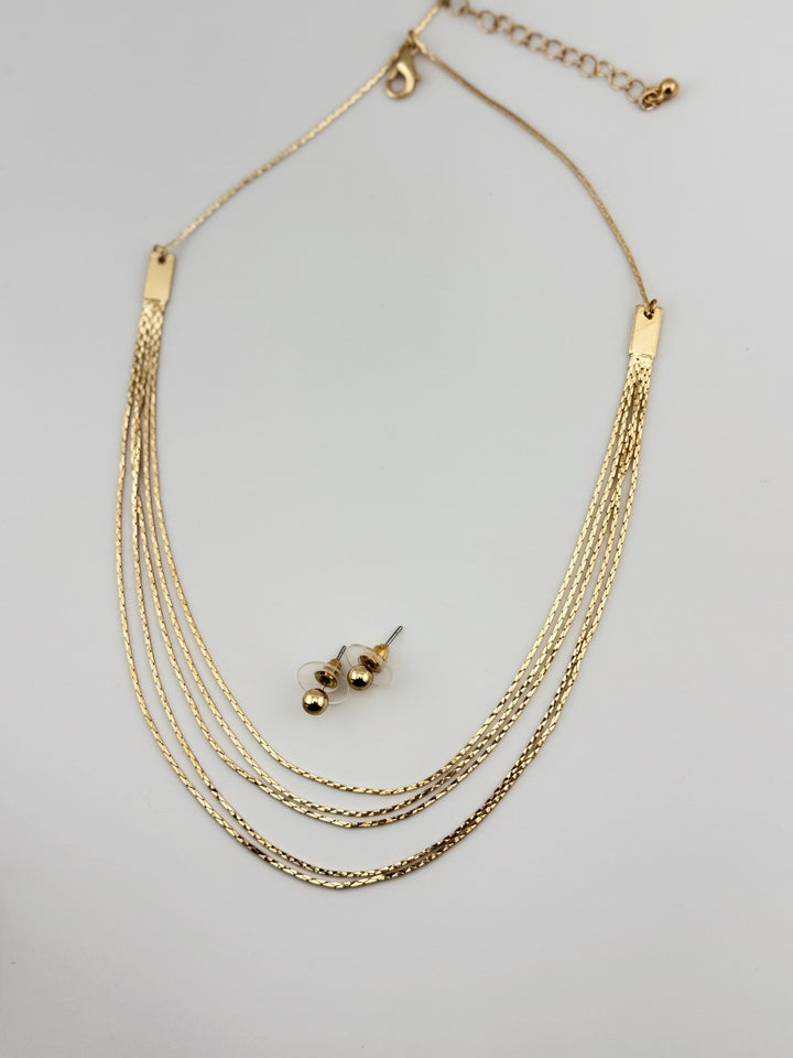 Gold Multi-Layer Necklace Earring Set with Layered Chains and Round Studs