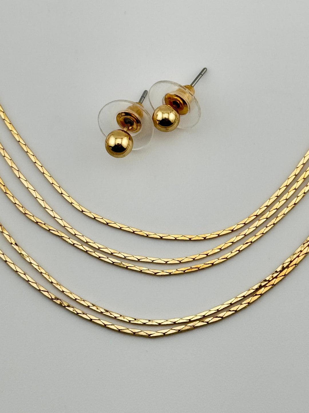 Gold Multi-Layer Necklace Earring Set with Layered Chains and Round Studs
