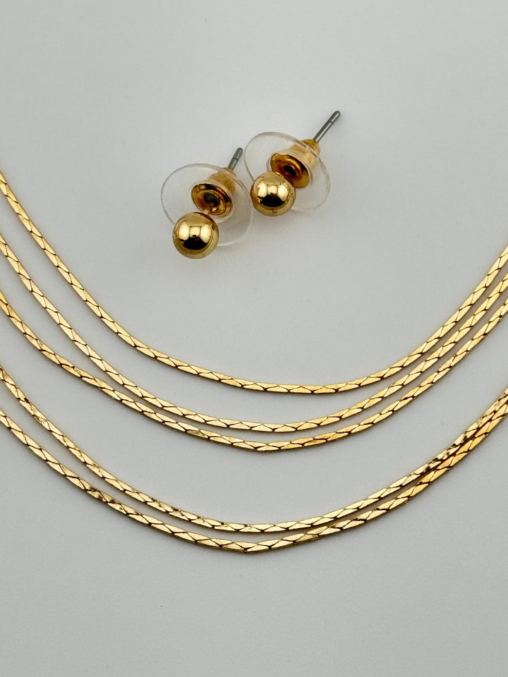 Gold Multi-Layer Necklace Earring Set with Layered Chains and Round Studs