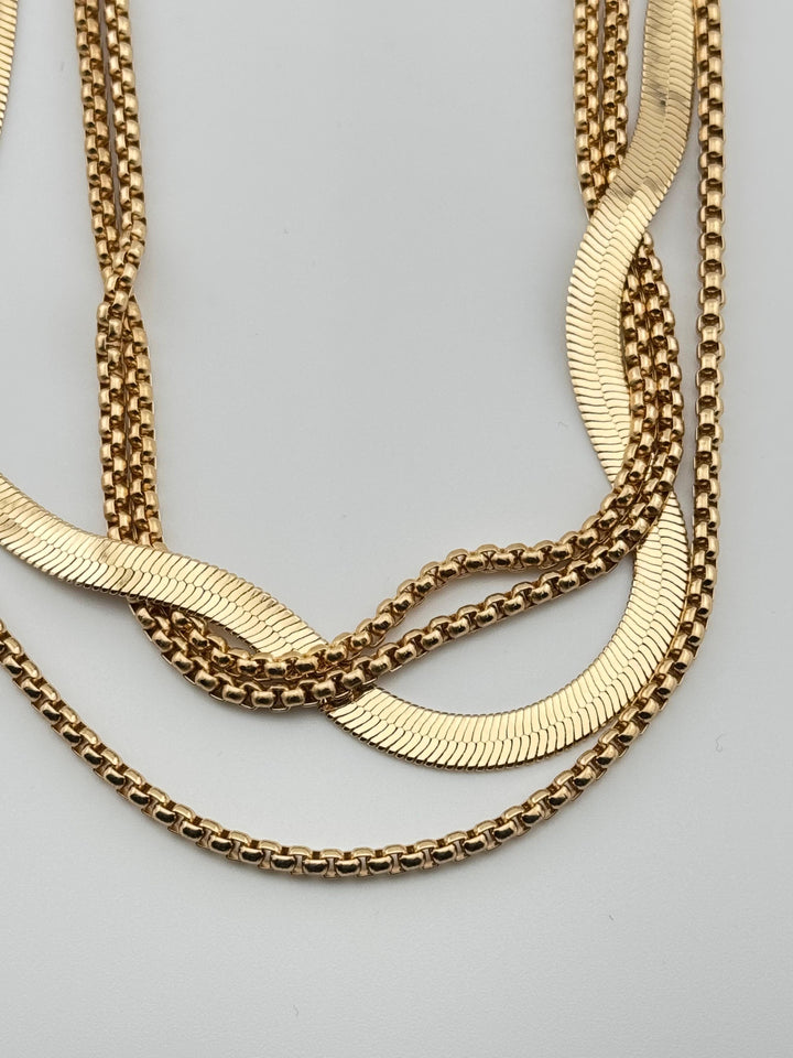 Gold-Tone Three Layered Necklace with Snake Chain and Box Chain for Women