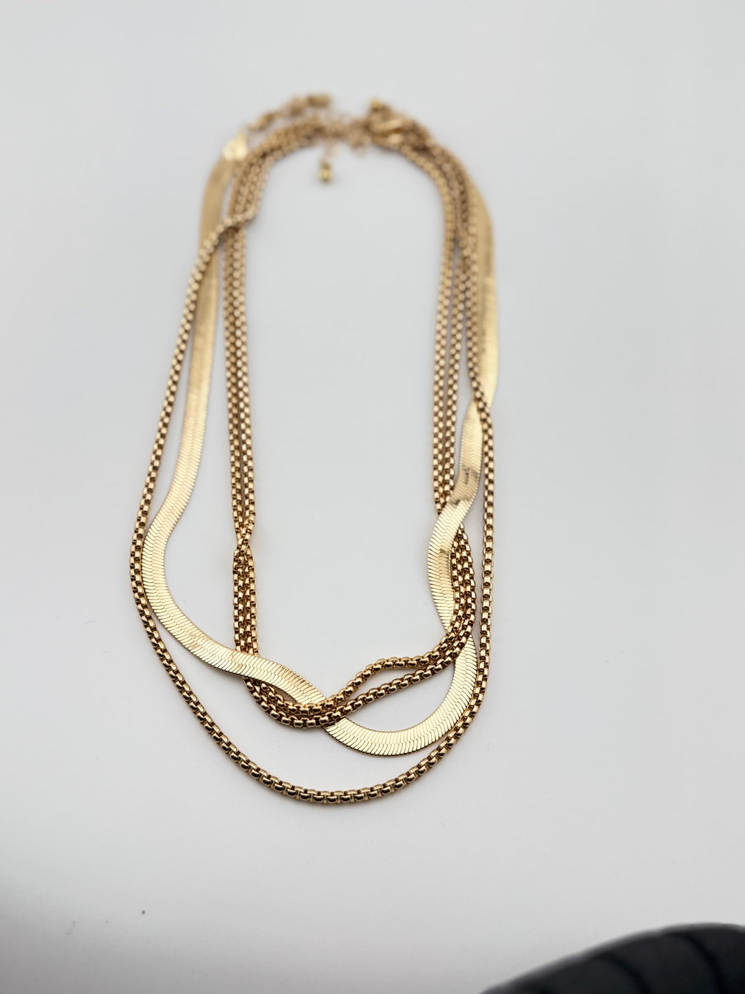 Gold-Tone Three Layered Necklace with Snake Chain and Box Chain for Women