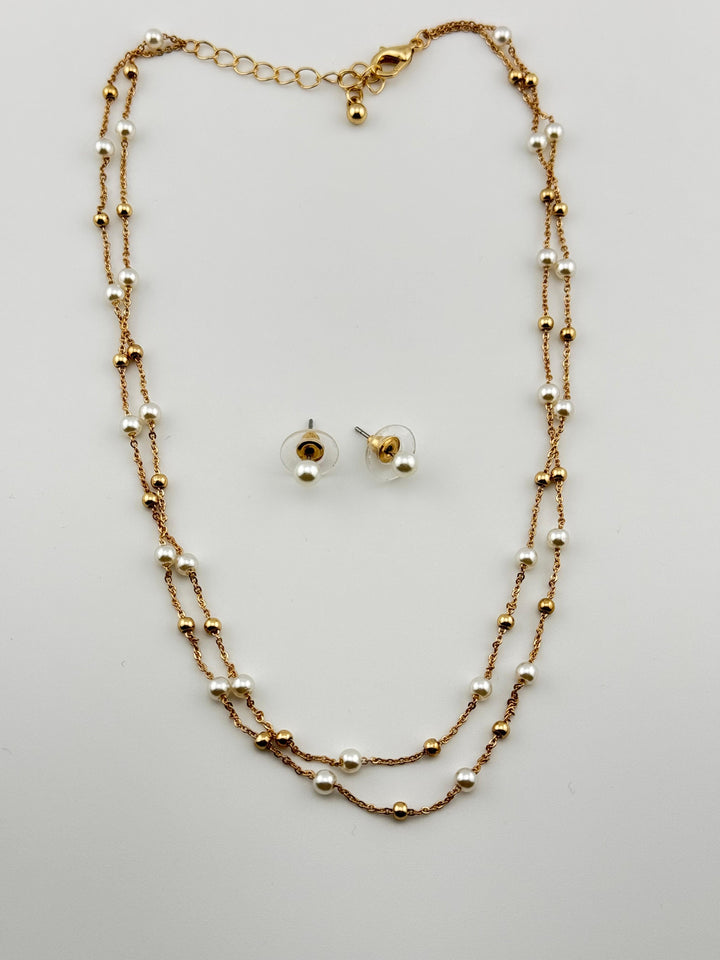 Gold and Pearl Necklace and Earrings Set, Layered Pearl Necklace and Stud Earrings Set, Minimalist
