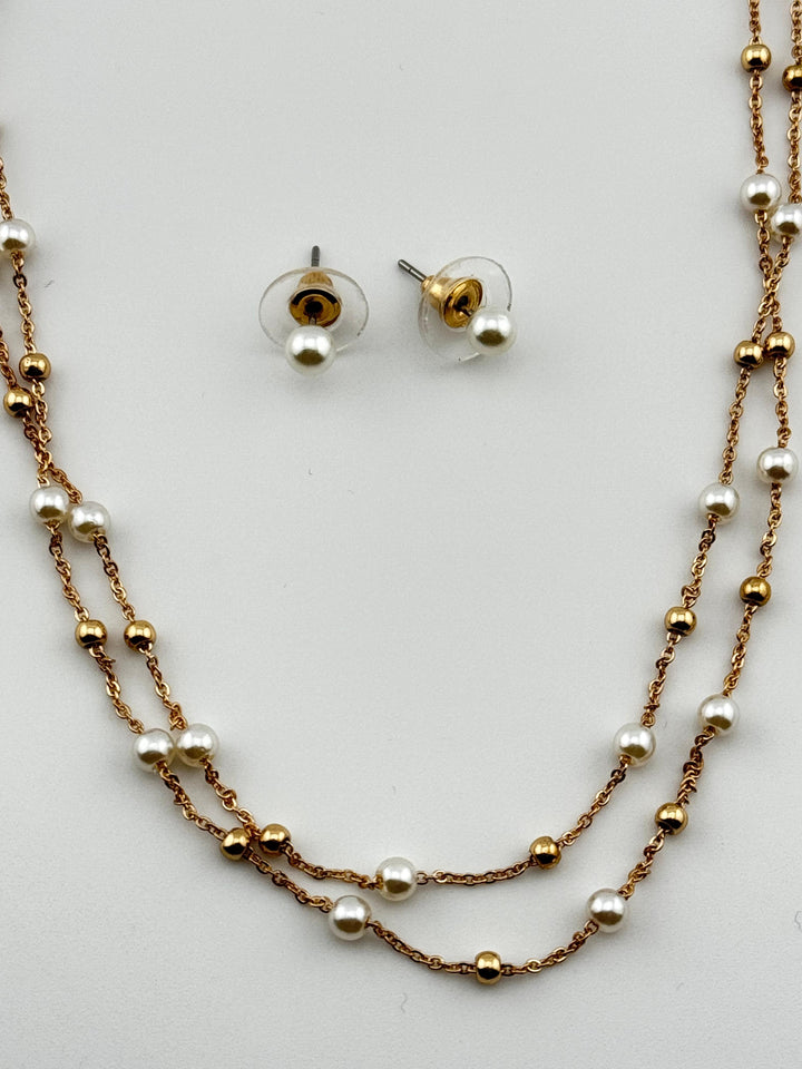 Gold and Pearl Necklace and Earrings Set, Layered Pearl Necklace and Stud Earrings Set, Minimalist