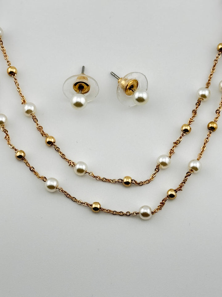 Gold and Pearl Necklace and Earrings Set, Layered Pearl Necklace and Stud Earrings Set, Minimalist