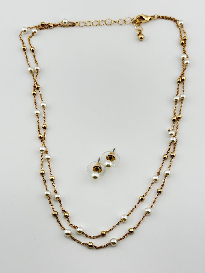 Gold and Pearl Necklace and Earrings Set, Layered Pearl Necklace and Stud Earrings Set, Minimalist
