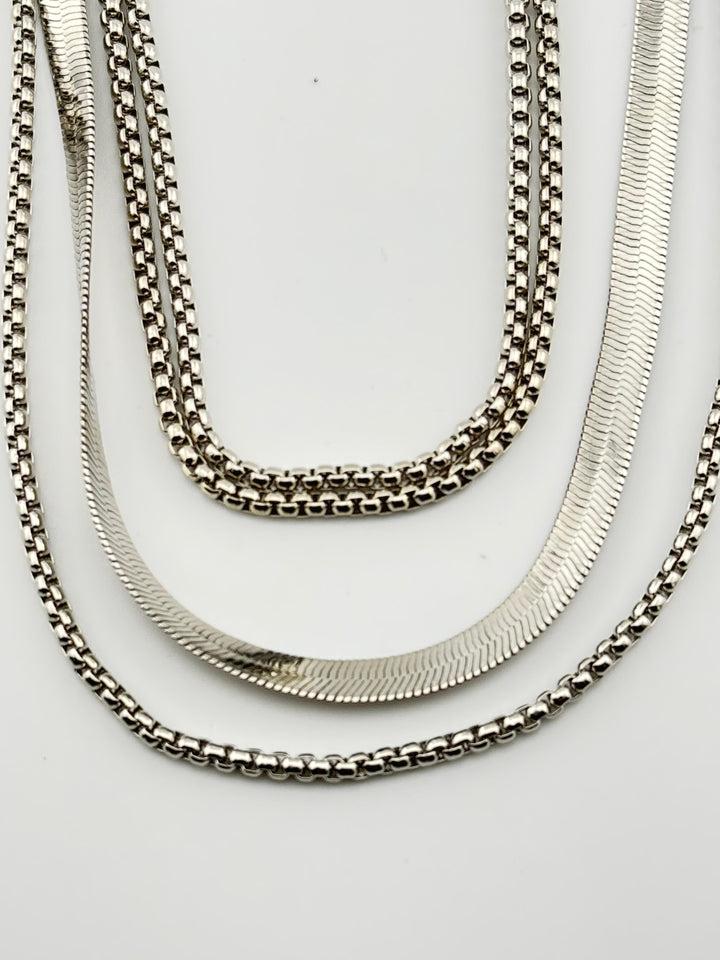 Gold-Tone Three Layered Necklace with Snake Chain and Box Chain for Women