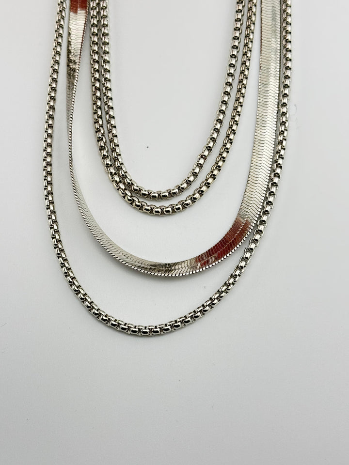 Gold-Tone Three Layered Necklace with Snake Chain and Box Chain for Women